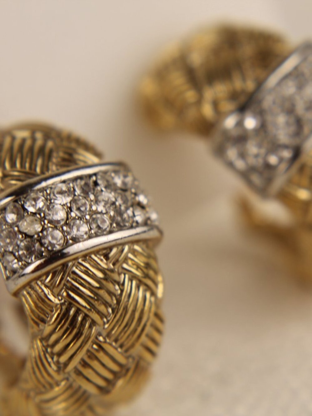 Vintage Two-Tone Woven Basketweave Huggie Hoop Earrings Gold & Silver Tone Rhine